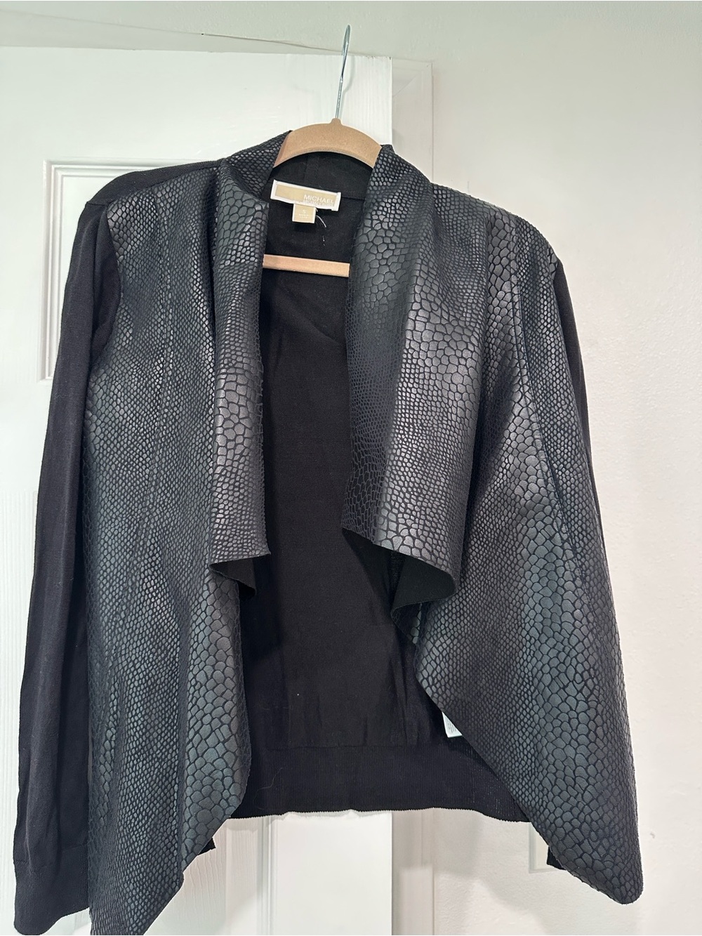 Michael Kors Black Open-Front Waterfall Jacket with Textured Trim